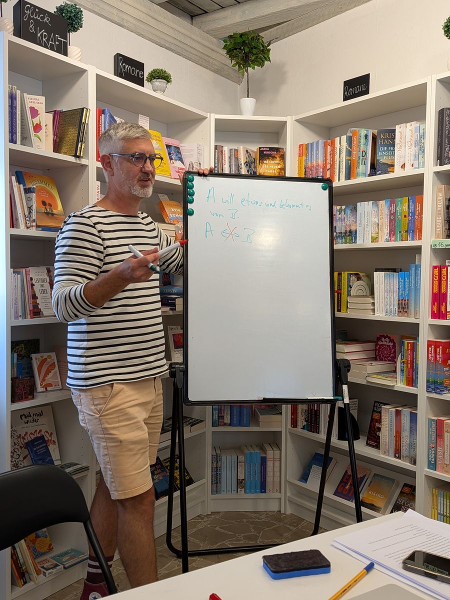 Tobias Hülswitt erklärt am Flipchart im Buchladen Kopfkino eine Konfliktstruktur zwischen zwei Figuren